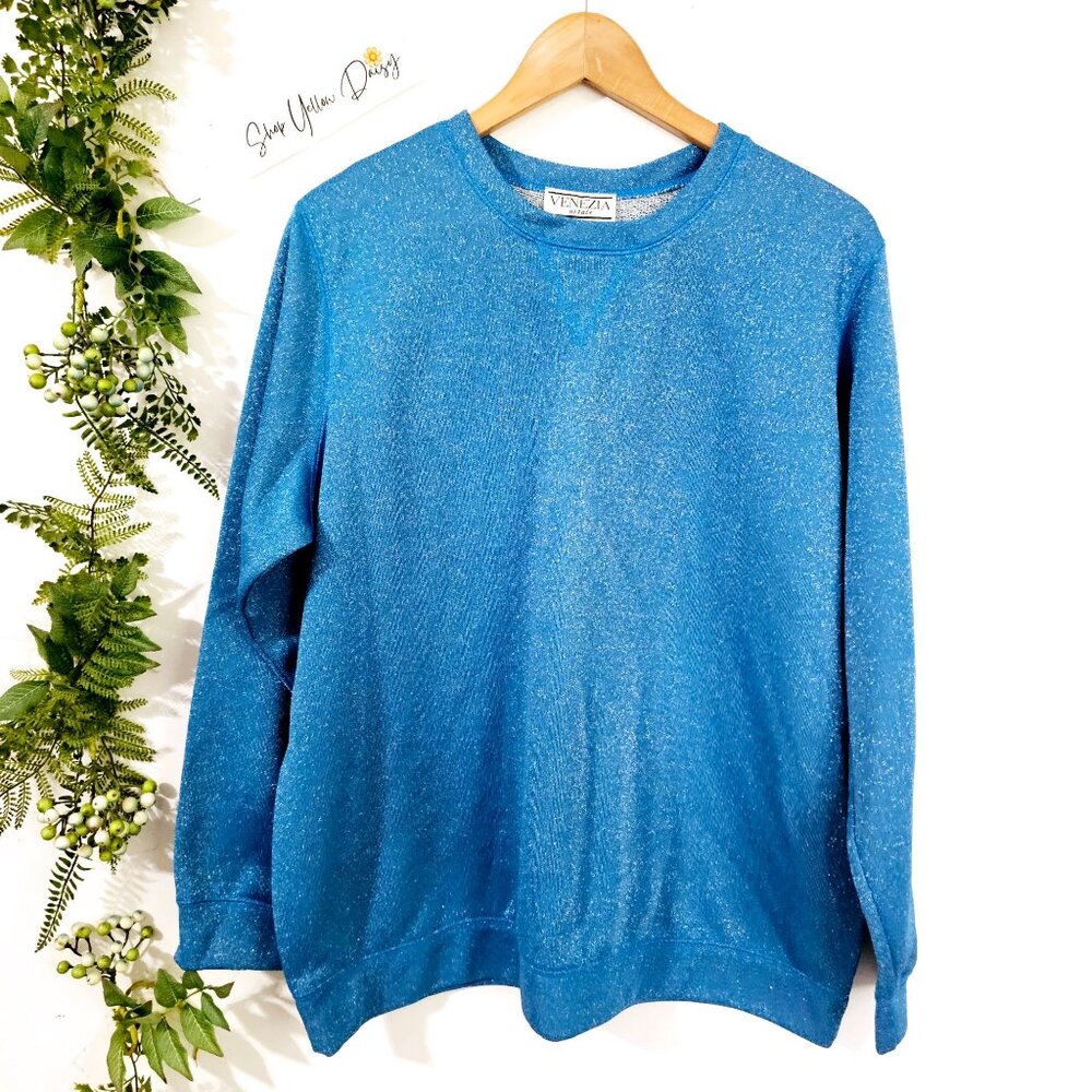 Vintage Venezia Vitale Blue Metallic Sparkle Crewneck‎ Sweatshirt Retro 90s Glam